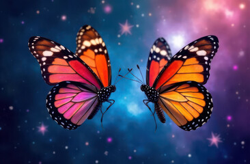 Two vibrant butterflies display their beautiful wings as they hover in a dreamy star-filled cosmic background. The colors blend seamlessly creating a magical atmosphere.