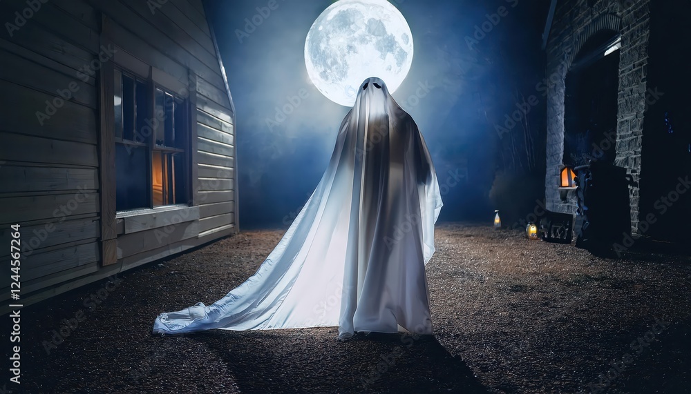 Poster mysterious figure in the shadows amidst the hauntingly beautiful nightscape, with twinkling stars an