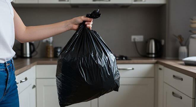 Woman holding the black plastic bag full of trash in her hand, standing in a modern kitchen interior. Home environment garbage or waste disposal, household hygiene utilization