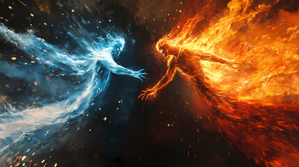 A dynamic duel elemental forces of fire and ice engaging in a striking battle of energy and motion. fire and ice duel. illustration. Elemental Forces. Illustration