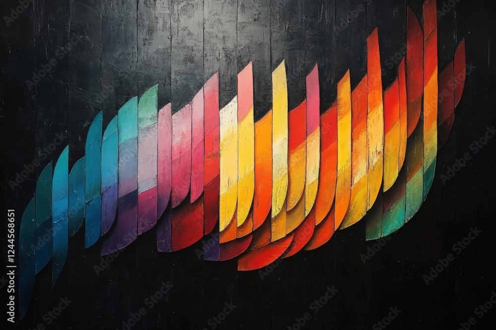 Poster vibrant abstract mural showcasing colorful layered shapes on a black background in an urban setting