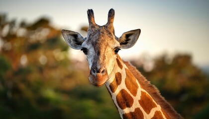 Fototapeta premium AweInspiring Moment Majestic Giraffe Stares into the Camera against a Backdrop of African Savannah at Sunset, Capturing the raw Beauty and Power of this Gentle Giant in its Natural Habitat.