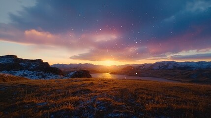 Obraz premium Sunset over snowy mountains and lake. Winter landscape postcard