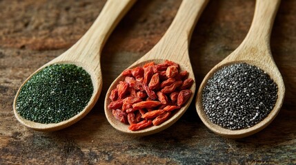 Wooden Spoons Hold Healthy Superfoods Goji Chia Spirulina