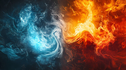 A vivid depiction of fire and water merging, showcasing dynamic swirls and contrasting colors, symbolizing elemental forces in harmony and conflict. Elemental Forces. Illustration