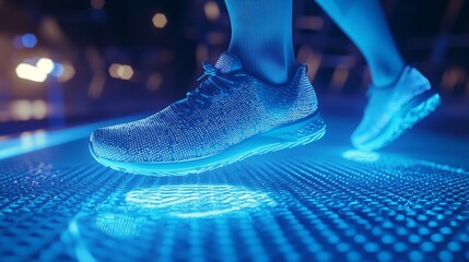 Runner's foot on a dynamic gym floor with virtual holographic footprints, futuristic gym vibe, neon blues and whites, cinematic focus, tech-infused