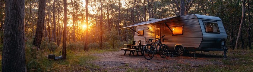 Fototapeta premium Scenic forest escape, a modern caravan with solar panels, bikes leaned against a picnic table, and soft lights enhancing the golden twilight