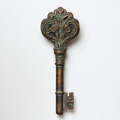 A single, ornate key with an intricate design on the handle, made from aged brass - Generative AI