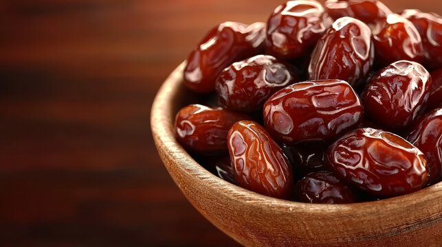 Lush close-up of dates in a rustic bowl, digital art style, each date detailed with realistic textures and shine, warm inviting tones