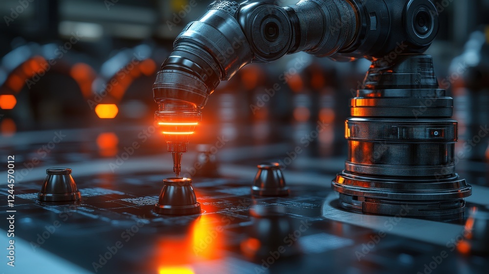 Poster robotic arm performing precision tasks on a circuit board in a high-tech industrial setting