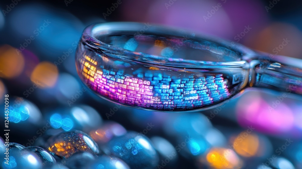 Aufkleber close-up of a glass droplet reflecting colorful digital data patterns on a textured surface