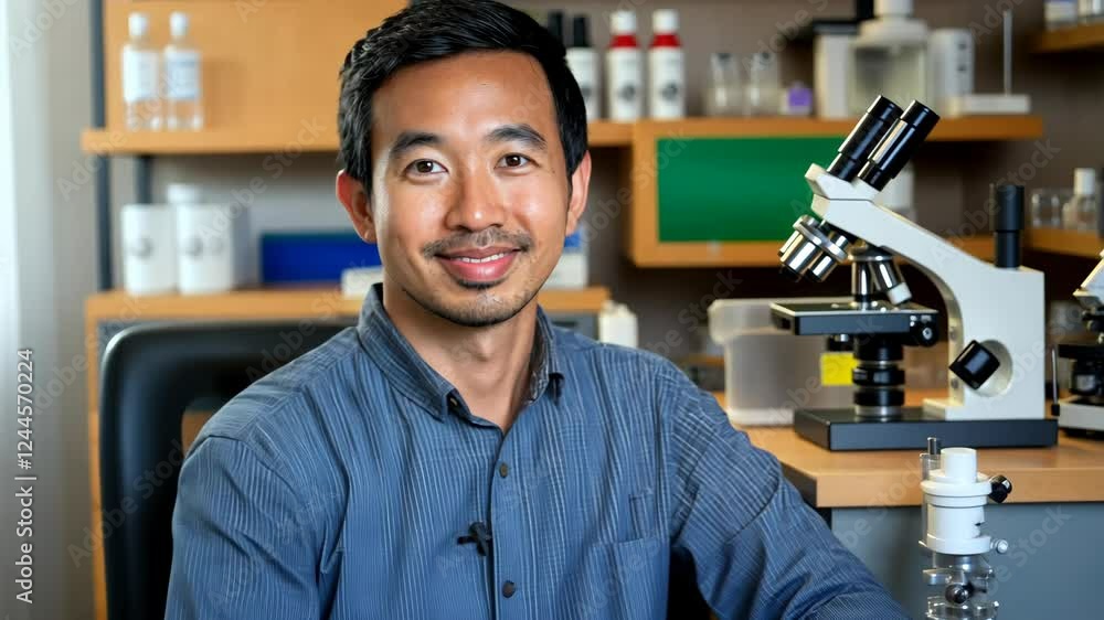 Poster researcher showcases findings in laboratory setting with scientific instruments and a friendly smile