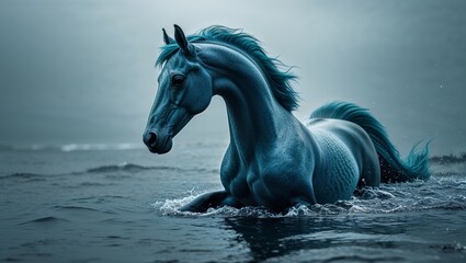 Moody Blue Horse Resting in Shallow Ocean Waters with Dark Horizon Background