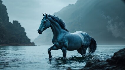 Obraz premium Blue Horse Walking Through Shallow Water Near Mountains on a Cloudy Day