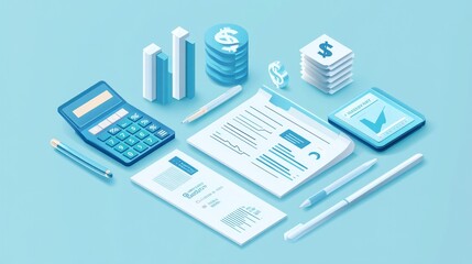 Isometric accounting illustration, bills, papers, calculator, pens, charts and dollar stacks on plain background