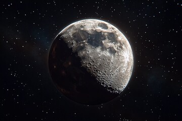 Naklejka premium Stunning planetary landscape featuring a detailed view of the Moon against a backdrop of stars