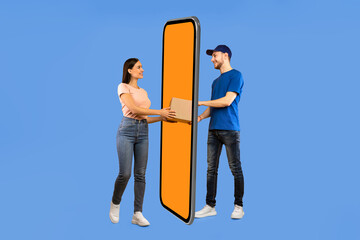 Courier Guy Giving Package Box Through Big Smartphone Screen To Female Customer Delivering Parcel...