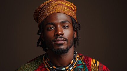 Obraz premium Portrait of a confident African man in traditional attire for cultural heritage campaigns, fashion editorials, and diversity-focused media in a warm earthy color palette