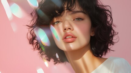 Shimmering Beauty: A captivating portrait of a young woman with dark curly hair, bathed in soft, ethereal light, casting a prism of iridescent hues on her face.