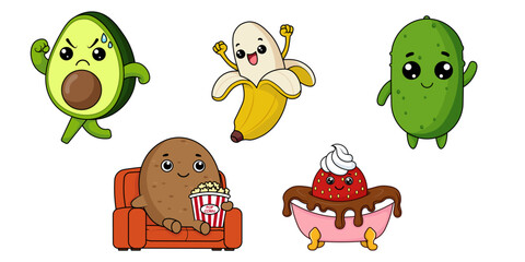 Funny Kawaii Cartoon Fruits and Vegetables Vector Illustration