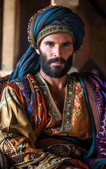 Obraz premium Sultan, fairy tale, Middle Eastern man in luxurious traditional clothing with a decorated turban, gold jewelry, and an intense gaze, sitting in an ornate palace setting