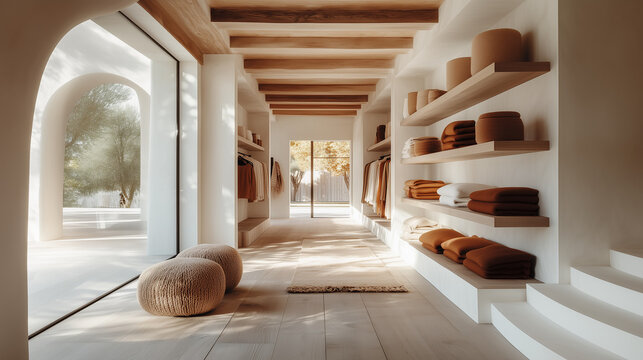 Boutique minimaliste avec arches blanches et collection de v&ecirc;tements tons neutres, style m&eacute;diterran&eacute;en