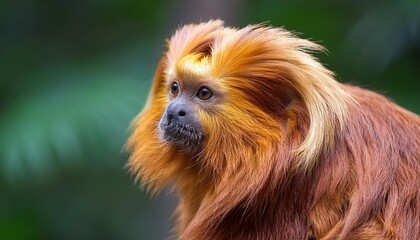 Naklejka premium Vivid Golden Lion Tamarin in Lush Rainforest Environment, Displaying Playful Energy and Exotic Beauty with a Backdrop of Verdant Foliage