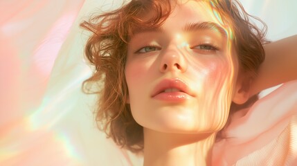Fototapeta premium Prismatic Radiance: A captivating close-up portrait of a young woman with a radiant complexion, bathed in the ethereal glow of a prism, her red curls cascading around her shoulders.