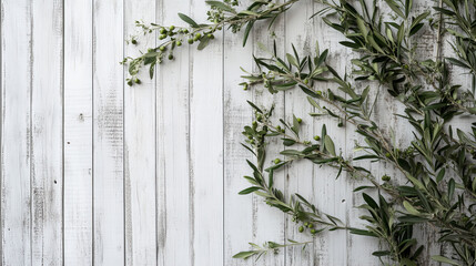 Obraz premium Olive leaves and branches on white wooden background with fresh green olives and natural shadows, perfect for Mediterranean designs or eco-friendly concepts