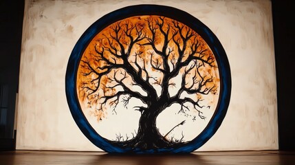 Fototapeta premium Intricate circular artwork featuring a dark, leafless tree against a warm, sunset-like backdrop. The piece evokes a sense of serenity and mystery.