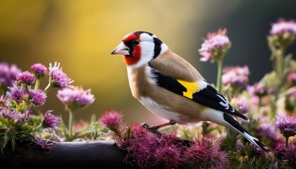 Obraz premium Striking Goldfinch in Winters Twilight, Majestic Bird Perched on SnowCovered Branch, Against a Backdrop of Crimson and Gold Sunset