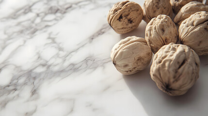 A close-up view of walnuts still in their rough shells placed on a white marble countertop, focusing on the grainy texture and natural details of each walnut shell.