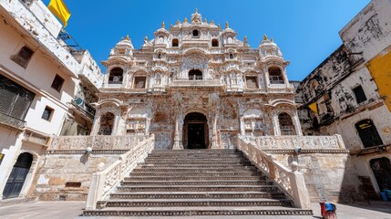 Fototapeta premium Ornate temple facade, Rajasthan, India, sunny day, courtyard