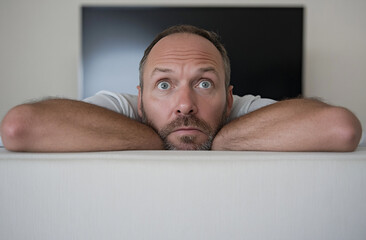 Obraz premium a man watching exaggerated news on TV, his face showing shock and disbelief
