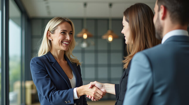 Confident middle-aged businesswoman shaking hands with a client during a professional meeting in a modern office
