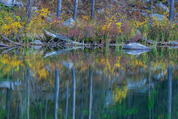 Autumn reflections at Taggart Lake, Grand Tetons National Park, Wyoming, USA