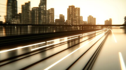 Fototapeta premium Cityscape at sunset with light trails on a highway. Golden hour, urban scene, speed, transportation.
