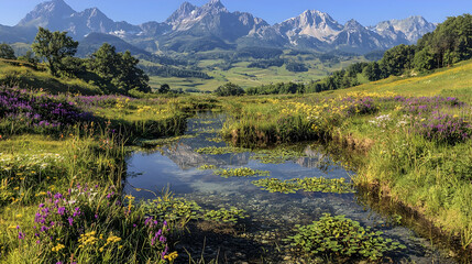 Mountain valley stream, wildflowers, summer