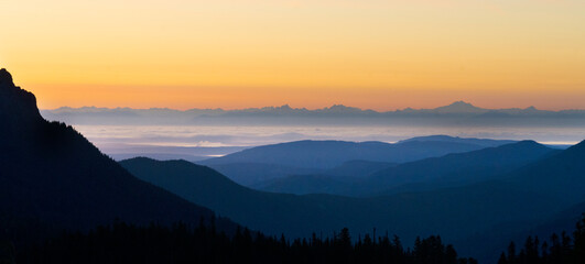 USA, Washington State, Olympic National Park. View from Hurricane Ridge before sunrise, looking over the mountains.