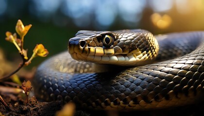Fototapeta premium Vibrant Green Grass Snake Slithers through a Lush and Moist Emerald Forest, Capturing the Enigmatic Beauty of Natures Camouflage Artist