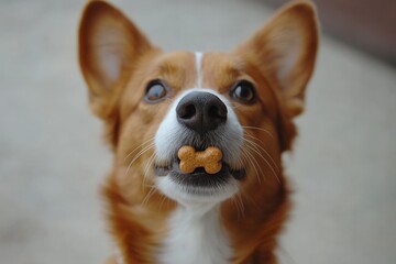 Curbing impatience, corgi waits with treat in mouth in a cozy indoor setting
