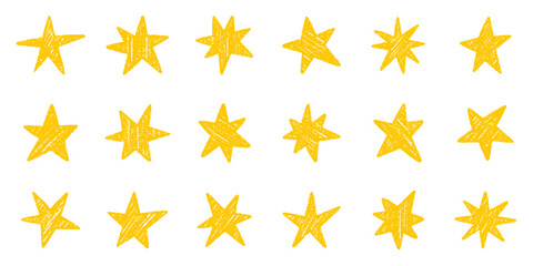 Chalk pencil stars and sparkles doodle set. Crayon Twinkle, blink, firework, glitter silhouette and glowing symbols in sketch style, Hand drawn vector illustration isolated on white background