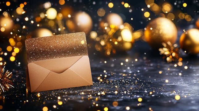 An upscale gift card peeking out of a chic envelope, on a festive desk with golden baubles and delicate tinsel, suggesting exclusivity