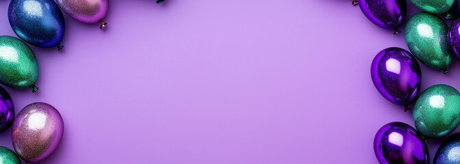 A purple backdrop features shiny purple, blue, and green balloons gathered on the right side, leaving an empty purple space in the center, perfect for adding custom text.