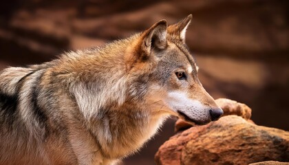 Fototapeta premium Majestic Gray Wolf Captured in Snowy Sandstone, Minnesota Wilderness CloseUp Encounter with Powerful Canis lupus in Winter Wonderland.