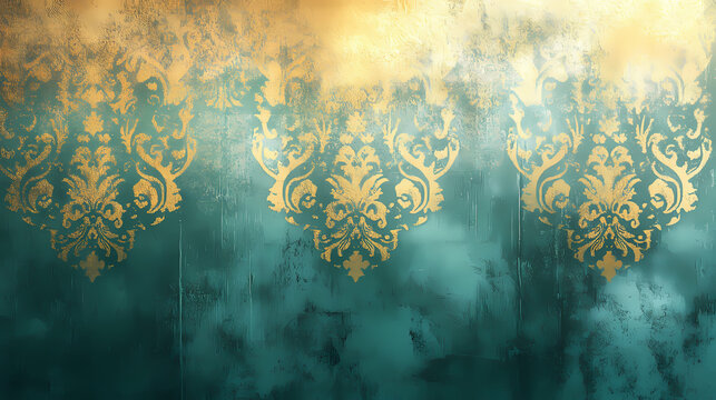 Post-impressionist wallpaper with turquoise and gold patterns featuring soft gradients and blurred textures. Ancient Textures. Illustration