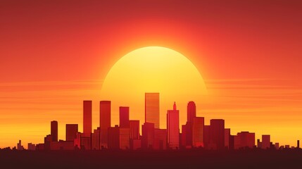 Fototapeta premium Artistic cityscape silhouette, hand-drawn aesthetic with detailed rooftop designs, reflecting urban vibes under a vivid sunset gradient sky