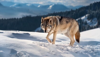 Naklejka premium Majestic Gray Wolf Frosted Against Snowy Peaks A Stark Contrast of Wild Beauty and Arctic Majesty Amidst a Winter Mountain Landscape