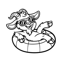 fun cartoon goat on swimming buoy balloon mascot isolated drawing line style sketch classic vintage design illustration