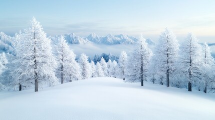 Fototapeta premium Snowy mountain landscape; winter trees, calm scene; postcard, calendar
